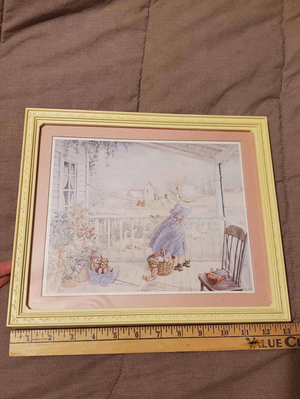 Vintage Laforet Framed Picture of Little Girl Hanging Doll Clothes Home Interior